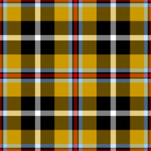 A square consisting of crossed lines of vivid colours. Yellow and black form thick, crossed lines producing large squares of colour, intersected by thinner lines of white, blue and red. The design is symmetrical and repeating.