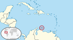 Location of  Curaçao  (circled in red)in the Caribbean  (light yellow)