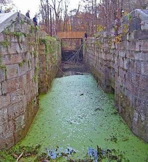 Water with green algae on top in a narrow depression between two stone retaining walls. Two men are looking into it from the upper left.