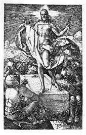 Black-and-white-engraving of the resurrection of Jesus. Jesus stands atop a stone in the center of the picture, dressed in flowing robes. He carries a staff in one hand and makes a sign of peace with the other; light radiates from his head. Around him soldiers dressed in armor cover their eyes or cower in fear and awe.