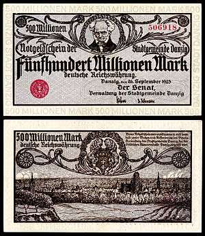 Schopenhauer depicted on a 500 million Danzig papiermark note (1923).