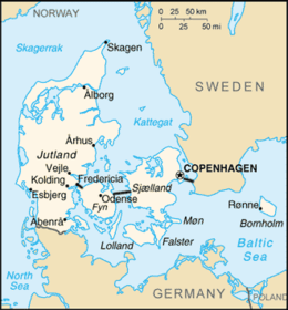 Map shows Denmark, including the Jutland peninsula and the islands of Sjaelland and Fyn.