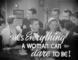 photograph of people at a bar in formal wear with label "She's everything a woman can dare to be"