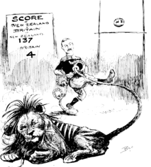 A New Zealand rugby player kicking a football while twisting the tale of a lion.