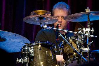 Dave Weckl with a ride cymbal fitted with a two rivet cluster