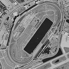 Aerial view of the Daytona International Speedway with Lake Lloyd toward the center.