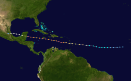 A map showing the track of a tropical cyclone as represented by colored dots. Each dot represents the position of the hurricane at six-hour intervals, and each color represents a different intensity.