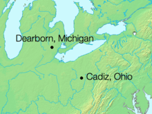 Physical map of the north central U.S. with two dots that show the flight from Dearborn, Michigan, over Lake Erie and then over land to Cadiz, Ohio.