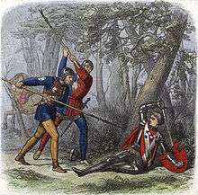 red-coated soldier lies half-prone propped against a tree with two other soldiers attacking with weapons against a forest background with a horse running off