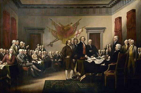 Founding Fathers listen to the draft of the Declaration of Independence
