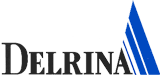 The name "Delrina" spelled in black serif letters, with the final "A" extended to the upper right by a large blue triangle pattern