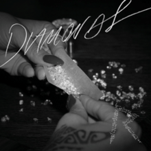 A black-and-white picture of hands rolling diamonds in a cannabis paper. The word 'Diamonds' is written in white letters across the picture, while an 'R' logo is present in the right corner.
