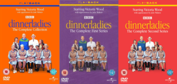 Three adjacent DVD covers: orange, purple and red respectively, each bearing the word "dinnerladies" in a lowercase thin serif font.