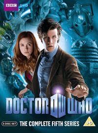 A DVD boxset cover consisting of a man with black hair reaching forward over a logo which says "Doctor Who". He is wearing a bowtie and tweed jacket. Looking out from behind him is young woman with red hair, wearing a red shirt and brown jacket. The background is blue and shows a masked reptilian humanoid, a statue with open jaws, the head of a robot, and a robot-like creature with an eyestalk.