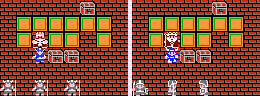 Two-dimensional video game screenshots that show the same scene. The background is identical, but the characters look different.