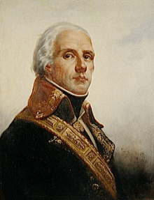 Painting of a white-haired man in a dark military coat with gold trim on the lapels and high collar.
