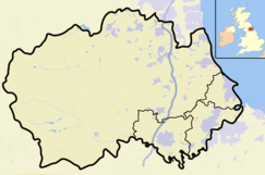 Map of England and Wales with a red dot representing the location of the Fishburn Grassland SSSI, Co Durham
