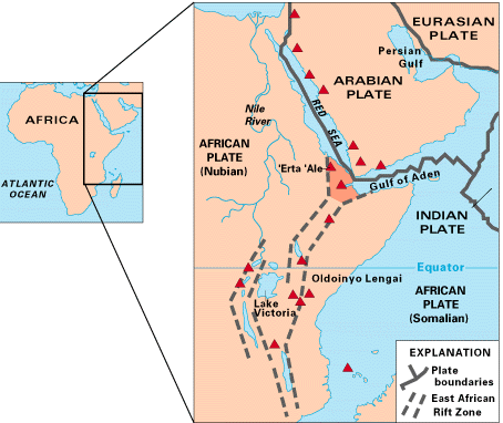 A map of the Afar triangle, showing the East of Africa and the three ridges passing through the Red Sea, the Gulf of Aden and the East African Rift Valley.