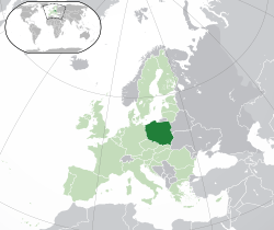 Location of  Poland  (dark green)– in Europe  (green & dark grey)– in the European Union  (green)  –  [Legend]