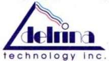 "The words delrina technology inc. rendered in a san-serif font, the top portion enveloped in a triangle with one wavy slope"