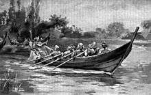 Black and white illustration of a king being rowed down a river in a rowboat by eight other kings
