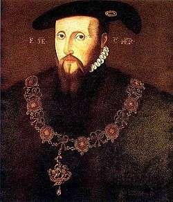  Formal portrait of the Duke of Somerset. He has a long thin face with a goatee beard and moustache of long fine straight reddish hair. His expression is wary. He wears his collar of the Order of the Garter.