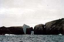 A rocky peninsula, whose surface is covered in white birds sits in a grey sea. The rock is heavily eroded in places and there are two large gaps in the rock with a third making an oblong window right through the structure. More birds wheel around in the air and the summit of a precipitous island lies beyond under grey skies.