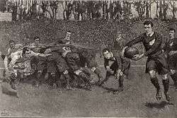 Painting of the aftermath of a rugby scrum, with a player from one team running with the ball towards the opposition goal-line while an opponent runs to intercept him.