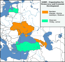 Locations of GUAM member states (orange) and observers (green) in Eastern Europe and the Caucasus.