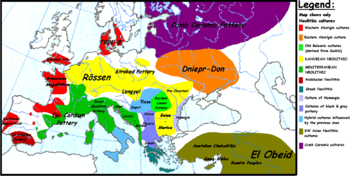Map showing the principle archaeology cultures of Late Neolithic Europe. The Rössen culture occupies an area of North-Central Europe corresponding roughly to modern-day Germany, Austria and the Low Countries.