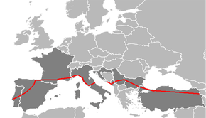 Map of E 80 within Portugal, Spain, France, Italy, Croatia, Montenegro, Kosovo[a], Serbia, Bulgaria and Turkey.