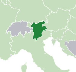 Location of Tyrol–South Tyrol–Trentino (dark green) in Central Europe