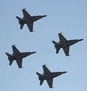 Underside view of four twin-engined military jets in diamond formation