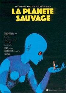 Poster showing a giant blue humanoid Draag examining a human in her hand