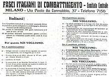 th Fasci italiani di combattimento manifesto as published in Il Popolo d'Italia on 6 June 1919