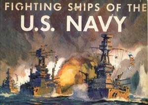 An oil painting of World War II ships in combat.