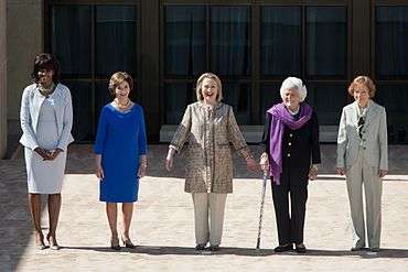 United States First Lady Michelle Obama with former First Ladies Laura Bush, Hillary Clinton, Barbara Bush, and Rosalynn Carter during the dedication of the George W. Bush Presidential Library and Museum on the campus of Southern Methodist University in Dallas, Texas, on 25 April 2013. As of March 6, 2016, these are all five of the living current and former First Ladies of the United States.