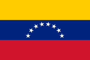 A flag with a gold stripe on top, blue in the middle and red on the bottom. In the middle of the blue stripe there are 8 white colored stars.