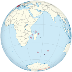 Location of  French Southern and Antarctic Lands  (circled in red)in the Indian Ocean  (light yellow)