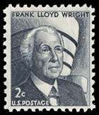 2 cent postage stamp featuring a black and white illustration with bust of Wright in the foreground and the museum in the background.