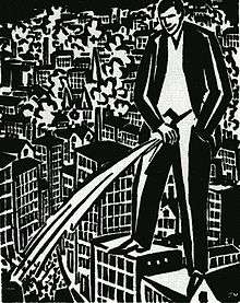 A black-and-white drawing of a giant man urinating on a city.