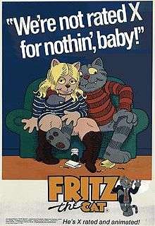 The film poster shows a blonde, pale-orange female cat wearing boots and a blue-striped shirt with a suggestive look sitting next to a grey male cat wearing a red-striped shirt on a green couch, with drugs and matches scattered on the floor. The background is a dark blue with the film's tagline spelled in big white letters on the top and the film's title on the bottom.