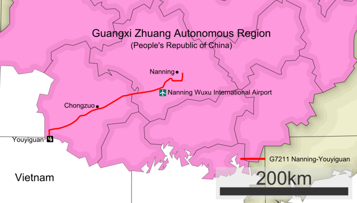 Detailed route map of the G7211 Nanning–Youyiguan Expressway.