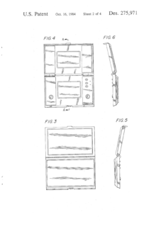 The back, front, left, right view drawings of a two screen folding handheld