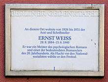 Memorial plaque for Ernst Weiss in Berlin.