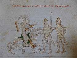 Illuminated manuscript illustration of a man in armour on horseback being captured by two armoured men on foot.