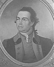 Black and white print of a dark-haired John Sullivan in a dark military uniform and lighter colored turnbacks