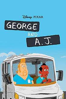 The title screen from the Pixar short animated film "George and A.J." Against a blue background, there are nursing home-style nametags with the duo's pictures on them, including their names. George is on the left. He is an African-American man with a thin moustache and a balding head. A.J. is a big hefty or overweight man with blonde hair and a mullet.