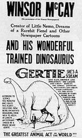 Black-and-white poster announcing "Winsor McCay and his Wonderful Trained Dinosaur Gertie".  A drawing of a long-necked dinosaur appears below the verbose copy at the top.