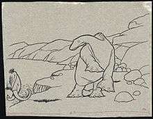 A black-and-white cartoon drawing.  A long-necked dinosaur in the center reels back on its hind legs.  It looks at a mastodon which is walking on-frame from the left.